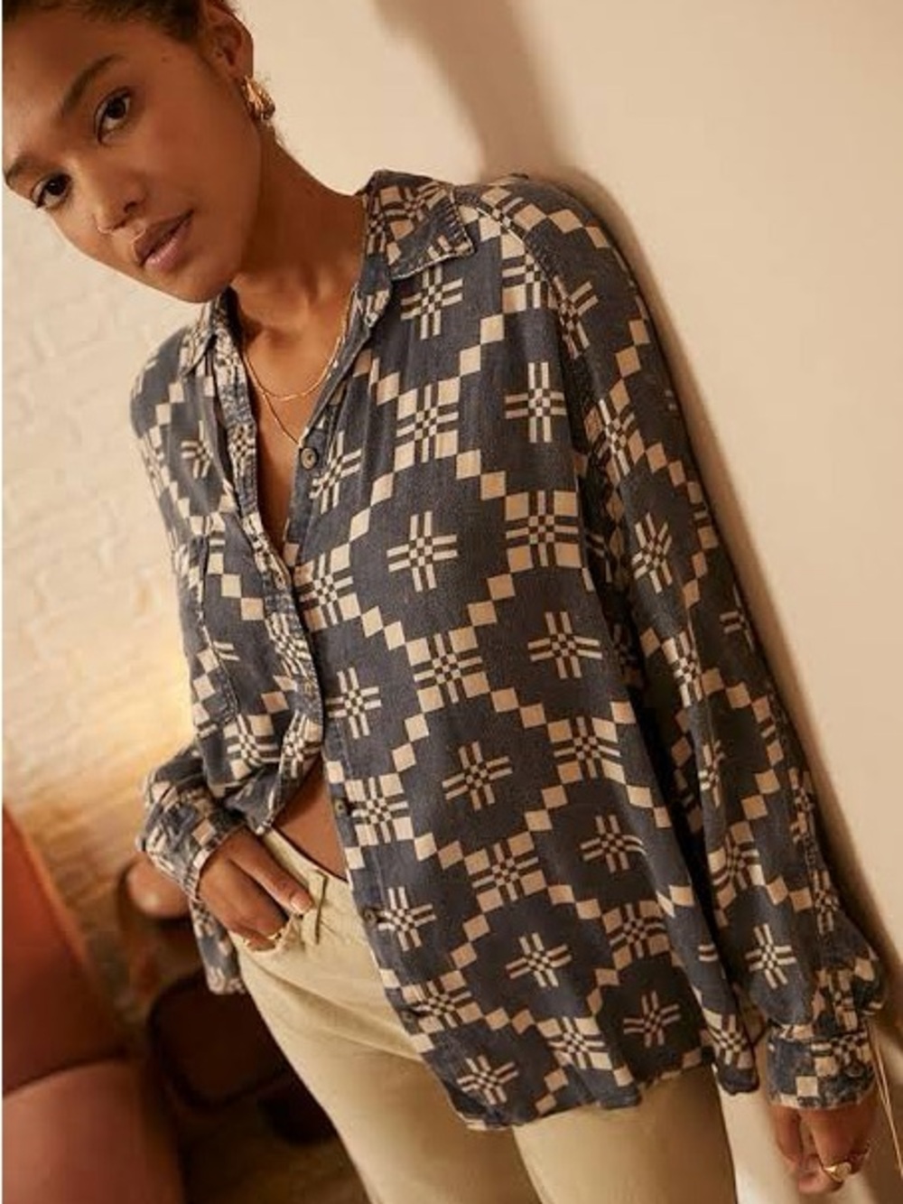 BDG Black and Cream Geometric Button-Down Shirt